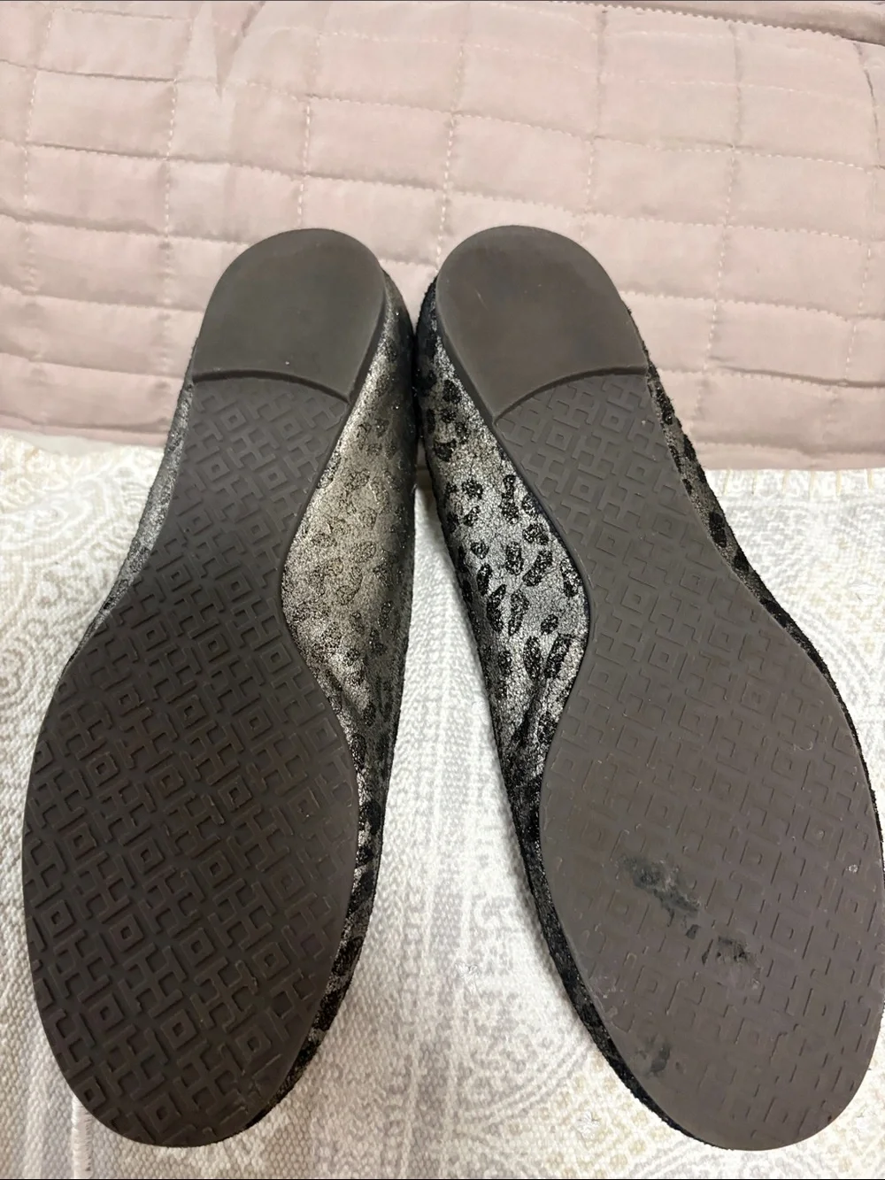 Tory Burch Metallic Charcoal Logo Ballet Flats